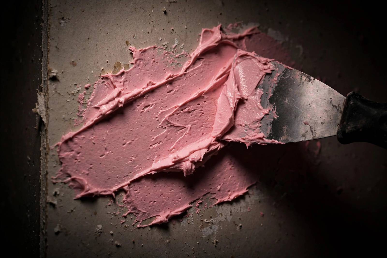 Close-up of pink spackle patch on drywall, mid-repair
